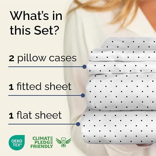 Blue Polka Dots Bed Sheet Set – 1 Flat & 1 Fitted Sheet & 2 Pillowcases w/ Deep Pockets – Polka Dot Bedding - Wrinkle & Fade Resistant - Soft, Breathable & Cooling - Comfy, Luxury Bed Set - Queen Size thumbnail 3