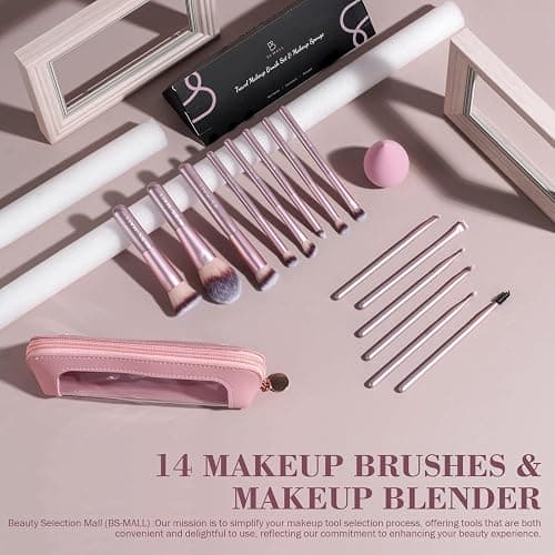 BS-MALL 14 Pcs Makeup Brushes Set with 1 Pcs Makeup Sponge – Essential Foundation Powder Concealers, Eye Shadows, Blush Makeup Brushes with Travel Makeup Case (Matte Gold Pink) thumbnail 2