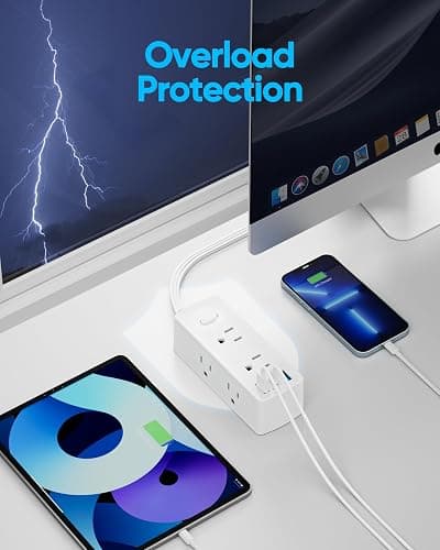 Power Strip Surge Protector, Olcorife Ultra Thin Flat Plug Extension Cord 5ft, 6 Outlets 3 USB Ports(1 USB C), 3 Sided Outlet Extender for Home Office Travel Dorm Room Essentials, White thumbnail 6