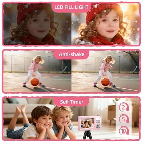 Digital Camera for Kids & Beginners 64GB SD Point and Shoot Digital Cameras | Compact pink digital camera & vlogging camera for kids. Durable drop-resistant design with tripod & 16X zoom for travel. thumbnail 4