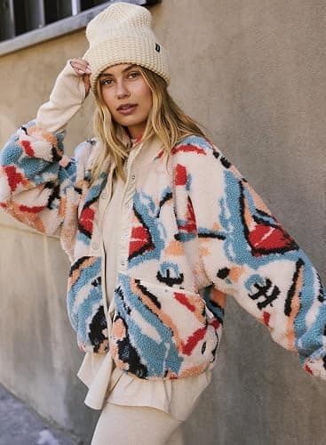Kumufenc Printed Sherpa Jacket for Women Long Sleeve Button Down Fuzzy Fleece Coat Y2K Outerwear with Pockets thumbnail 3