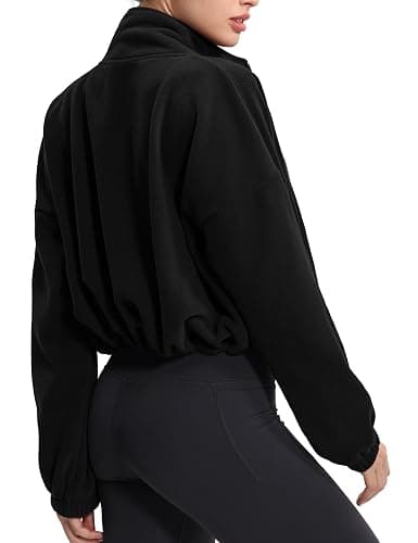 THE GYM PEOPLE Women's Fleece Cropped Jacket Full Zip Stand Collar Workout Short Sherpa Coats with Pockets Drawstring Hem thumbnail 2