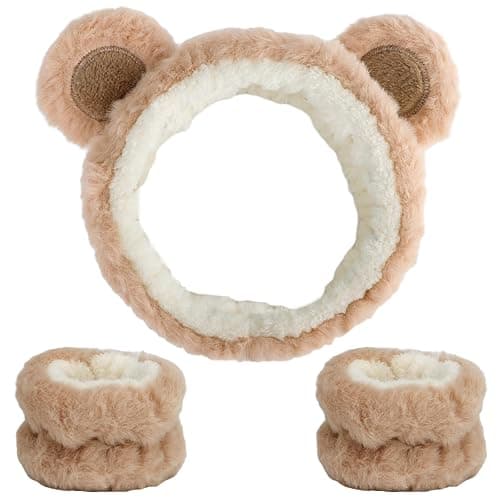 Canitor Face Wash Headband with Wrist Towels - Soft Coral Fleece Spa Makeup Headband, Cute Animal Elastic Skincare Design with Bear Ears - Image 1