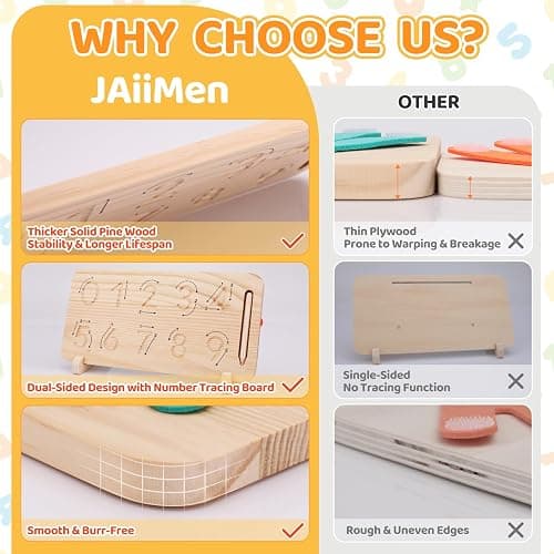 Montessori Learning Toys for Toddlers 2-4, Double-Sided Finger Counting & Number Tracing Board, Colorful Number Blocks, Solid Pine Wood Educational Math Toy for Kids Boys Girls Ages 1 3 5 Year Old - Montessori Math Toy thumbnail 2