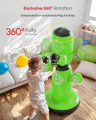 QPAU 360° Rotatable Punching Bag for Kids, Lager 64” Kids Punching Bag with Gloves, Hand Pump & 6 Targets, Bop Bag Inflatable Punching Toy, Karate Gifts for Boys, Girls thumbnail 2