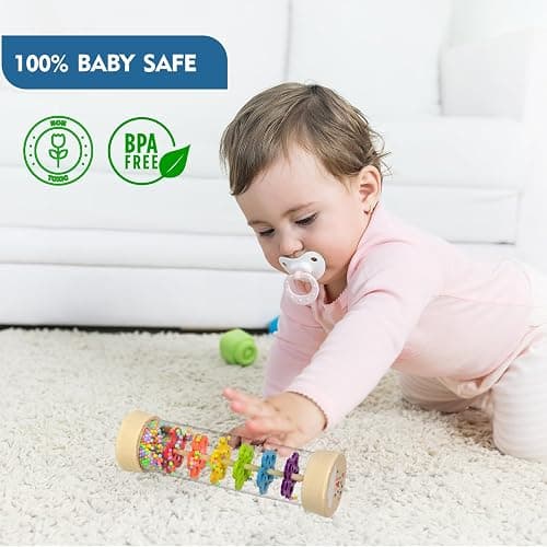 Rain Stick Montessori Baby Toys for 6-12 Months 1 Year Old, Wooden Rainmaker Infant Musical Sensory Toy, Baby Shower Gift for Newborn Toddler Boys Girls, 7.7" thumbnail 6