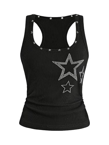 BEAUDRM Women's Graphic Tank Top Gothic Studded Rave Tops Y2k Grunge Top | Punk Rock Outfits, Summer Going Out Top - Image 1