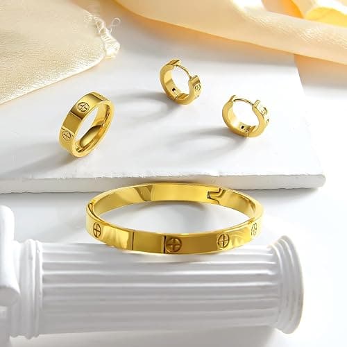 3 Pcs Hoop Earrings Bracelets Ring Sets for Women-18K Gold Plated Love Bracelet Cubic Zirconia Cuff Bangle Hoop Earrings Friendship Love Ring Jewelry Set,Wedding Party Christmas Valentine's Day Birthday Gifts for Her Girlfriend Sister Daughter thumbnail 5