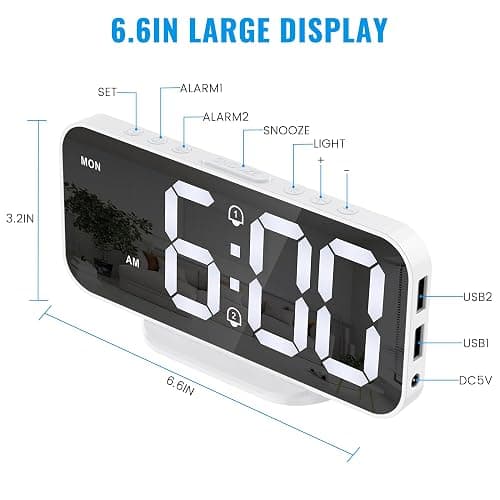 Alarm Clocks for Bedrooms, Slim LED Mirror Digital Alarm Clock, Large Display with Diming Mode, Dual Alarms & USB Ports, 4 Levels Brightness, Desk Clock for Office Home Bedroom Living Room Decor thumbnail 2