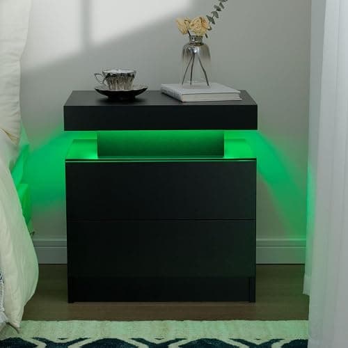 Cubehom Black Nightstand LED Set of 2 Black Bedside Table LED Night Stand with LED Lights Modern End Side Table with 2 Drawers for Bedroom - Deep Black thumbnail 4