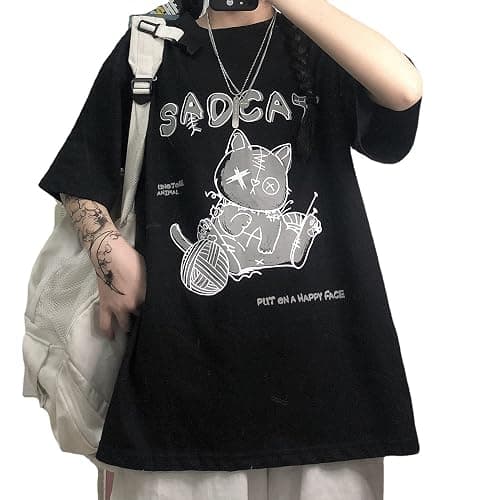 Women's Goth T-Shirt Summer Graphic Harajuku Gothic Creepy Cat Print Novelty Short Sleeve Top - Image 1