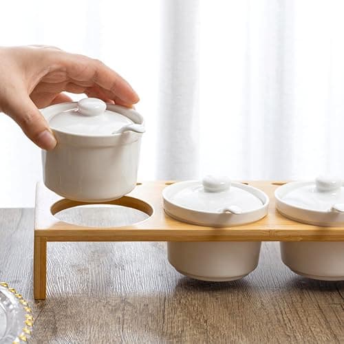 MyGift 10 Pcs Sauce Serving Dish, Hosting Party Essentials Host Gift, 3 Ceramic Ramekin Chip Dip Bowls with Lids & Spoons, Premium Bamboo Server Tray, Condiment Pot Entertaining thumbnail 7
