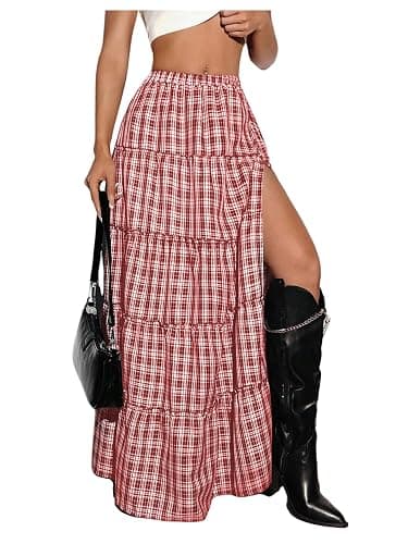 SHENHE Women's Plaid Maxi Skirt High Slit A Line Flowy Tiered Ruffle Y2k Vintage Long Skirt - Image 1