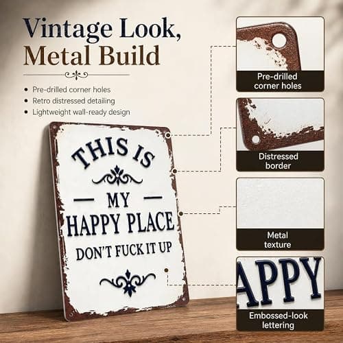 Funny Garden Metal Sign, "This Is My Happy Place Don't Fuck It Up" Metal Sign, 8x12 Inch Aluminum Wall Art, Funny Rustic Style for Garden Farm Office Bedroom Kitchen Dining or Bar Decor (Vertical) thumbnail 4