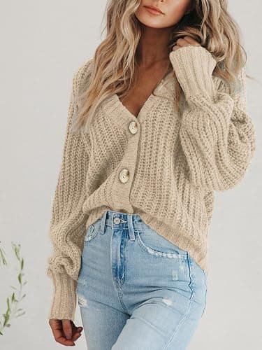 PRETTYGARDEN Women's Chunky Knit Open Front Sweater Long Sleeve Button Loose Short Cardigan Outerwear Coats thumbnail 3
