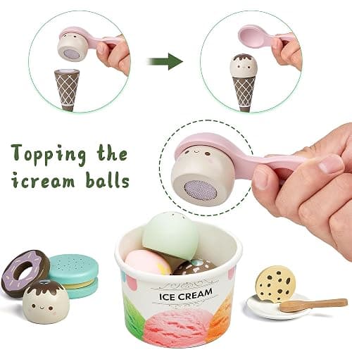 medoga Wooden Ice Cream Toy, 3-in-1 Ice Cream Counter with Coffee Maker 28 PCS Toddler Pretend Play Kitchen Accessories Wooden Toys for 3 4 5 6 Year Old Girl or Boy (Ice Cream) thumbnail 5