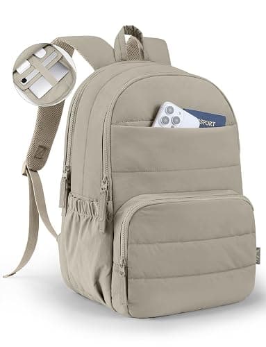 Uselike Travel Backpack for Women, 15.6 Inch Laptop Backpack, Quilted College Bookbag, Cute Work Backpacks, Water Resistant (Khaki Ash) - Image 1