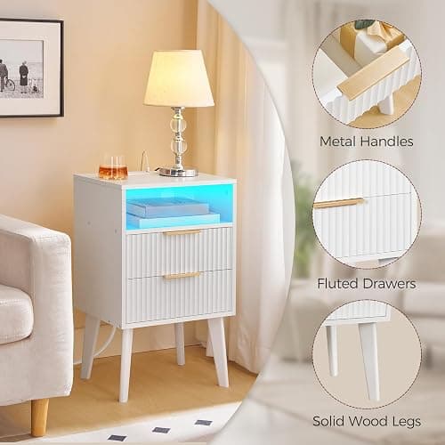 MAHANCRIS End Table, Fluted Nightstand with Charging Station and LED Lights, Modern Side Table with 2 Drawers and 1 Open Compartment, for Living Room, Bedroom, Study, Office, White ETWT63E01 thumbnail 8