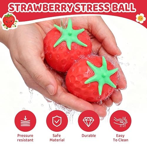 4 Pcak Strawberry Squish Stress Balls, Cute Bulk Strawberry Squeeze Toys | Fruit Squishies Toy, Big Kawaii Sticky Stress Fidget Toy for Kids, Teen Boys Girls Birthday Gift Ideas thumbnail 5