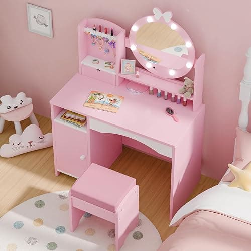 MU Kids Vanity Table and Chair Set – Princess Girls Vanity Set with Mirror, Lights, Jewelry Storage, and Cushioned Stool, Toddler Makeup Vanity for Little Girls (Pink) thumbnail 7