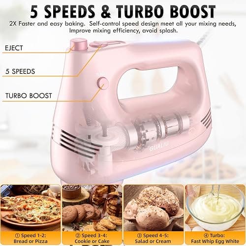 GUALIU Electric Hand Mixer with Stainless Steel Whisk, Dough Hook Attachment and Storage Bag, Handheld Mixer for Baking Cakes, Eggs, Cream Food Mixers. Turbo Boost /5 Speed Kitchen Blender PINK thumbnail 5