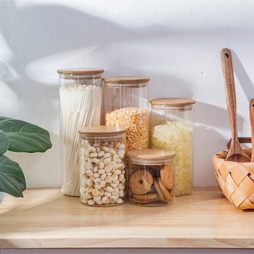 Flrolove Glass Food Storage Containers Set,Airtight Food Jars with Bamboo Wooden Lids - Set of 5 Kitchen Canisters For Sugar,Candy, Cookie, Rice and Spice Jars thumbnail 7
