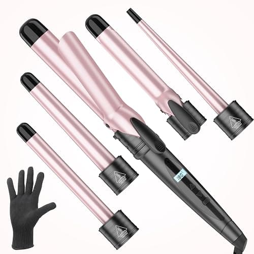 Curling Wand Curling Tongs - New Upgraded 5 in 1 Hair Curler with LCD Display and 5 Interchangeable Ceramic Barrel, Curling Iron Set for Long/Short Hair, with Adjustment Temp/Heat Resistant Glove - Image 1