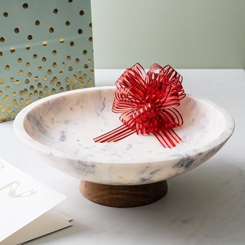 Cork & Mill Marble Decorative Bowl for Home Decor - Handcrafted Natural Stone with Acacia Wood Pedestal - Versatile 11" Catch All for Entryway, Kitchen Fruit Bowl, Potpourri, Dining Table Centerpiece thumbnail 5
