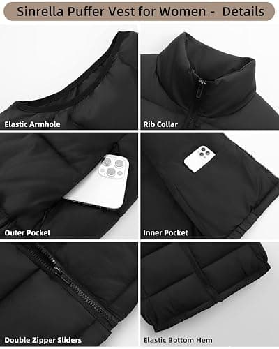 Sinrella Womens Puffer Vest Lightweight Water Repellent 4 Pocket Warm | Womens quilted zip sleeveless puffer vest 4 pockets water repellent fall winter outdoor hiking travel layering thumbnail 5