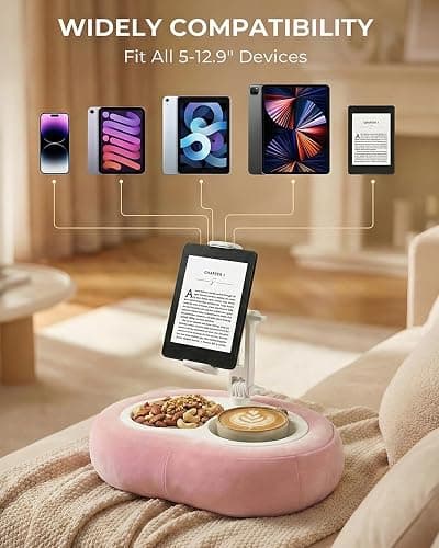 Miledi Tablet Pillow Stand for Bed with 360° Rotating Holder, Pink | Compatible with Kindle, iPad, Phone and Tablet 5" to 12.9", Soft Plush Fabric, with 2 Snack Bowls, for Reading and Relaxing thumbnail 5