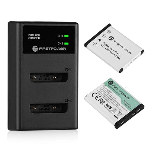 FirstPower NP-45/NP-45A/NP-45S Battery (X2) and Dual Charger for Fujifilm INSTAX Mini 90 Fuji FinePix XP140 XP130 XP120 XP90 XP80 XP70 XP60 XP30 XP20 T560 T550 T510 T500 T400 T360 - Image 1