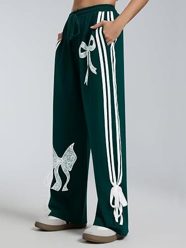 Tenbird Wide Leg Sweatpants for Women High Waisted Baggy Sweatpants | Side Pockets, Relaxed Fit, Elastic Drawstring Waist, Striped, Vintage Y2K, Bow graphic Sweatpants, Breathable, Casual thumbnail 2