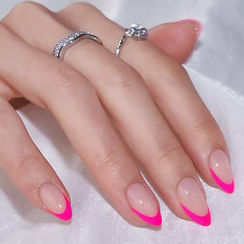 French Tip Press On Nails Almond - BTArtbox Hot Pink Short Stick On Nails for Women, Glue On Nails with Nail Glue in 16 Sizes - 32 Soft Gel Fake Nails Kit, Berry French thumbnail 3