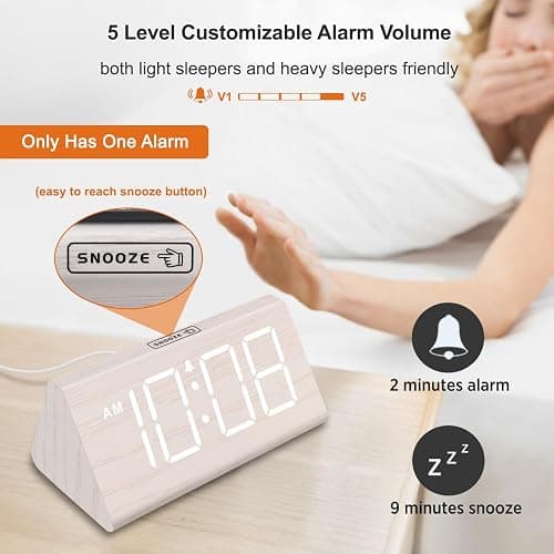 DreamSky Wooden Digital Alarm Clock for Bedroom - Living Room Desk Clock with Large Numbers, Bedside Nightstand Clock with USB Port, Adjustable Volume, Dimmer, DST, Office Wood Décor, Adapter Powered thumbnail 6