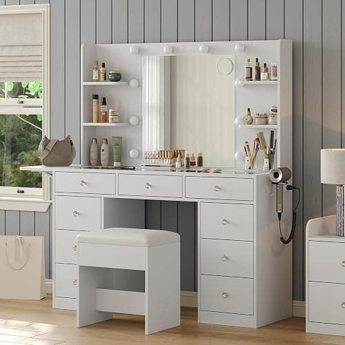 Yanosaku Vanity Desk & Power Outlet, Makeup Vanity with Mirror and 10 LED Lights, 3 Lighting Modes Brightness Adjustable, Makeup Table with 4 Shelves and Fold-up Panel, Vanity Set for Bedroom, White thumbnail 4