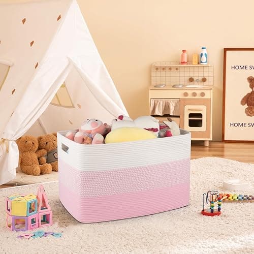 OIAHOMY 108L Super Large Blanket Basket For Living Room, 25”x16”x16” Rectangle Woven Baskets For Storage, Toy Storage with Handle - Pink&White thumbnail 2