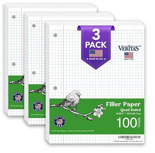 WritePads Graph Paper Loose Leaf Paper, 300 Sheets, 8 x 10.5 Inch 4x4 Quad Ruled Graphing Paper, 3 Hole Punched Filler Notebook Paper for 3 Ring Binders, 65 GSM, Made in USA - Image 1