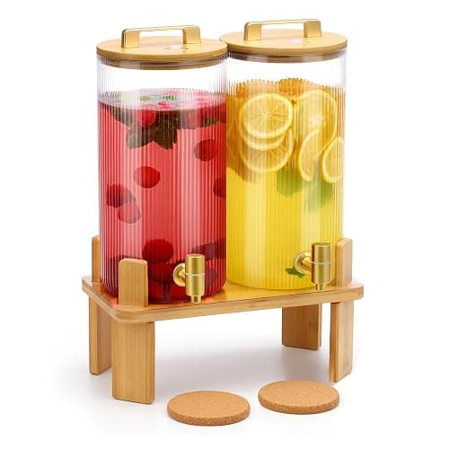 1.5 Gallon Glass Drink Dispensers for Parties, 2 PCS Beverage Dispenser With Wood Stand,Vertical Stripes Glass Lemonade Dispenser with Airtight Valve and Stainless Steel Spigot for Lemonade,Juice, Tea - Image 1