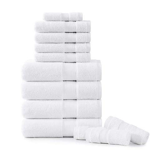 LANE LINEN Luxury Bath Towels Set - 12 Piece, 100% Cotton, Zero Twist, Super Soft & Absorbent, Includes 4 Bath Towels, 4 Hand Towels, 4 Washcloths - White - 12 Piece Set - 02: White