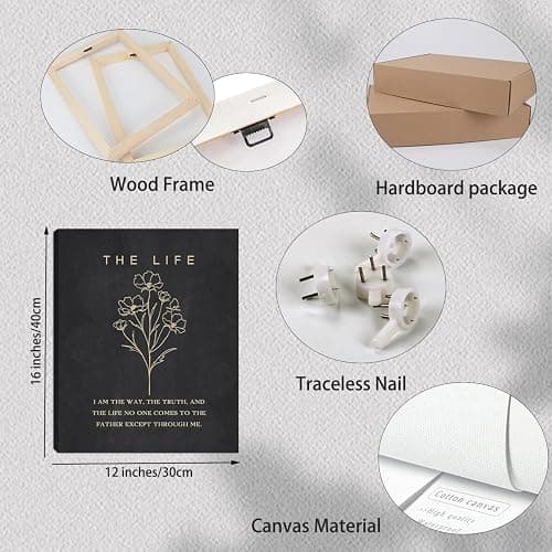 KAIRNE Framed Boho Floral Christian Bible Verse Canvas Wall Art Set,12”*16”Inch The Way The Truth The Life Scriptures Poster Black Minimalist Botanical Flower Bible Wall Decor for Living Room Bedroom thumbnail 3