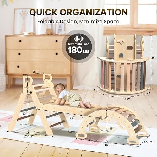 BlueWood Pikler Triangle Set 7in1 Foldable Baby Climbing Toys Wooden Montessori Climbing Set with Arch&Ramp&Ladder Baby Climber Indoor Jungle Gyms for Toddlers Montessori Toys - Mauve Pink - Mauve Pink thumbnail 2