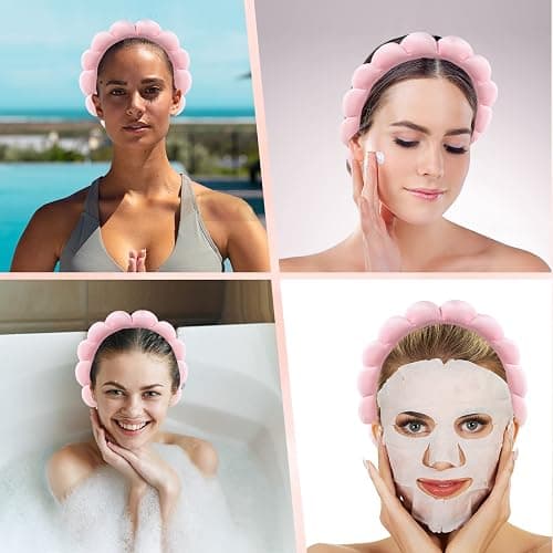 Ycfish Puffy Makeup Headband Spa Headbands for Women Sponge & Terry Towel Cloth Fabric Cute Skincare Headband for Face Washing, Makeup Removal, Shower, Facial Mask (Pink) thumbnail 9