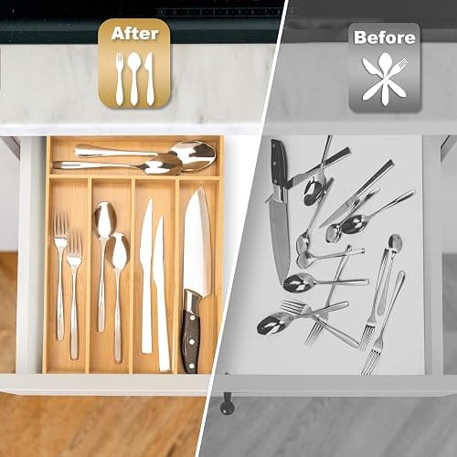 Besilord Silverware Organizer Kitchen Drawer Organizer Utensil Organizer Bamboo Silverware Holder Cutlery Organizer in Drawer Flatware Organizer Tray(5 slots, Natural thumbnail 4