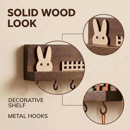 Raoletin Wooden Kids Coat Hooks Wall Mounted with 6 Hooks, No Drill Cute Bunny Woodland Theme Coat Rack, Glue-On Nursery Decor Hanger for Coats, Hats, Backpacks, Towels, Bedroom & Playroom thumbnail 3