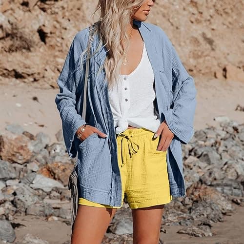 yxlaml Cotton Linen Shorts for Women Plus Size Elastic Waist Drawstring Summer Beach Shorts with Pockets thumbnail 7