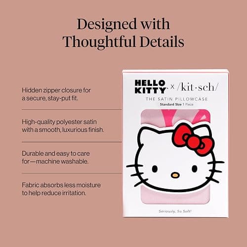 Kitsch x Hello Kitty Pillow Case – Pink Kitty Faces Toddler Bed Time Satin Pillowcase with Zipper – Soft Cooling Pillow Cover for Hair & Skin – Better Than Silk Pillowcase – Queen/Standard 19x26 thumbnail 4