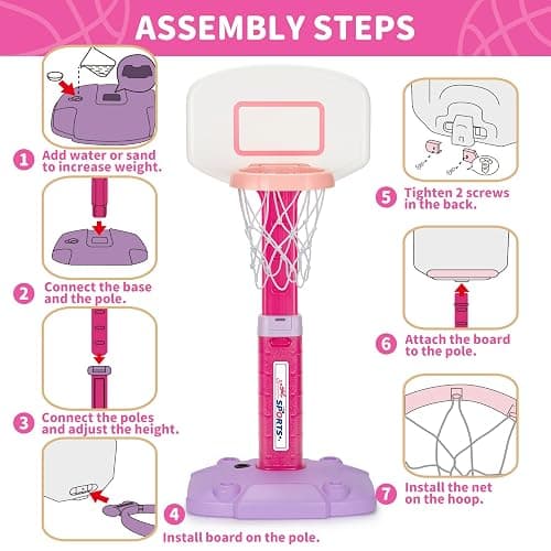 Toddler Basketball Hoop Indoor for Age 1-3, Adjustable Kids Basketball Hoop, Mini Basketball Hoops with 3 Balls for Outdoor Poolside, Birthday Christmas Sport Toys Gift for Baby Boy Girl 1 2 3 4, Pink thumbnail 7