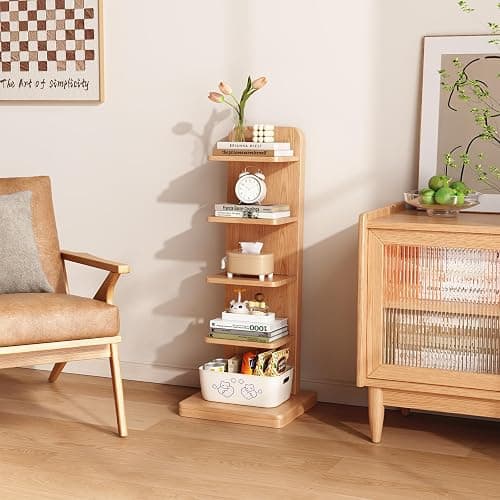 WoodsWhisper Narrow Bookshelf Ladder Bookshelf 5 Shelf Bookcase, Mid Century Modern Bookcase with Freestanding Display Shelves,Anti-tip Device and Thickened Base for Small Space,Living Room, Office - Natural - 5C - Image 1