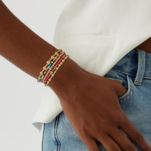 Turandoss 5PCS Gold Beaded Bracelets for Women Teen Girls, 14K Gold Plated | Stacked Beads Bracelet Set, Turquoise Cross Pearl Charm, Waterproof, 7 Inch Stretch Elastic, Bracelet for Women Teenage Girls thumbnail 3