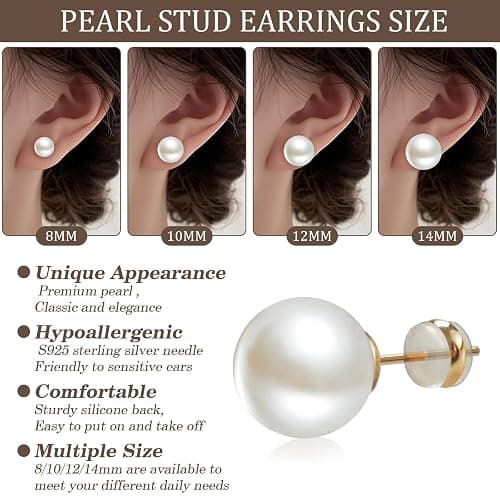 Sanglarst 4 Pairs Pearl Stud Earrings Sterling Silver Earring Set | 14K Plated Gold Hypoallergenic Earring stud Large size Round pearl 8mm-14mm Set Earrings for women thumbnail 3